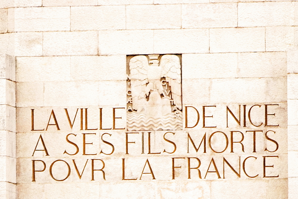 Text carved on a wall, Monument Aux Morts, Cote d'Azur, Cannes, Provence-Alpes-Cote D'Azur, France