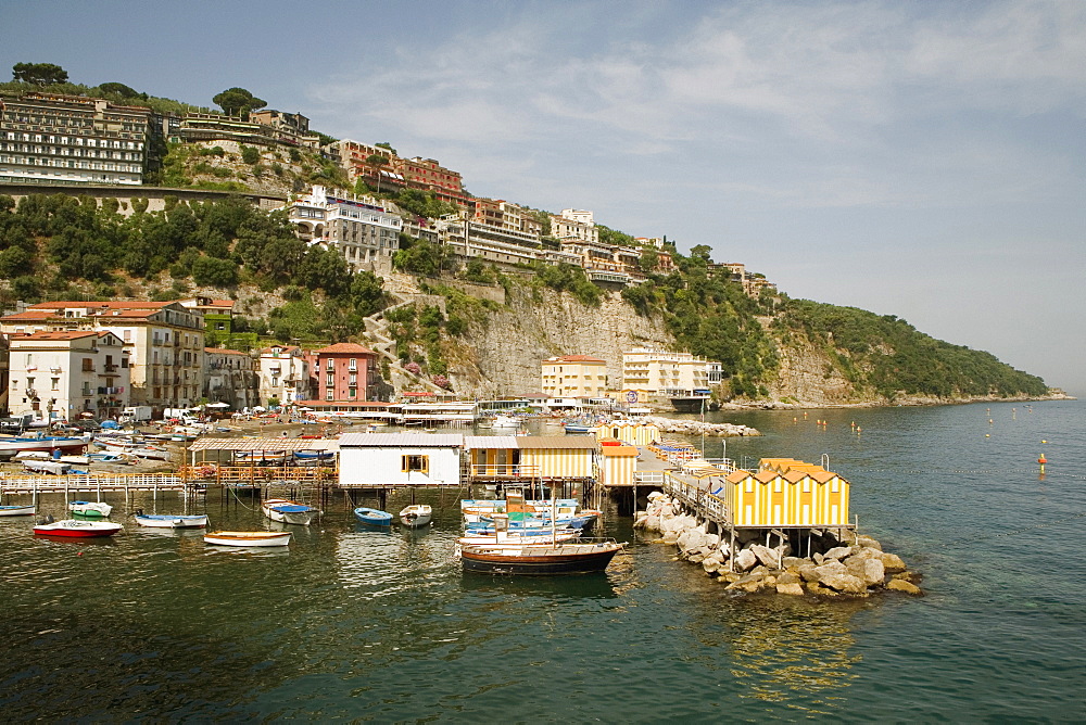 High angle view of stilt houses on a pier, Marina Grande, Capri, Sorrento, Sorrentine Peninsula, Naples Province, Campania, Italy