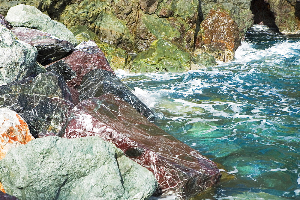 Rock formations in the sea, Italian Riviera, Mar Ligure, Genoa, Liguria, Italy