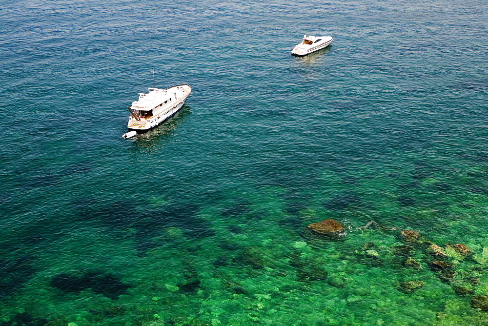 High angle view of tourboats in the sea, Bay of Naples, Sorrento, Sorrentine Peninsula, Naples Province, Campania, Italy