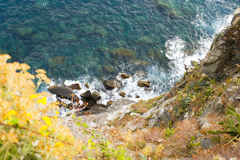 High angle view of rocks in the sea, Italian Riviera, Cinque Terre National Park, Mar Ligure, Cinque Terre, La Spezia, Liguria, Italy