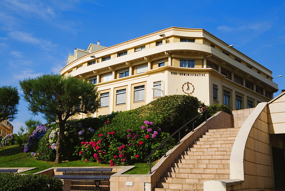Low angle view of a formal garden in front of a building, Biarritz, Pyrenees-Atlantiques, Aquitaine, France