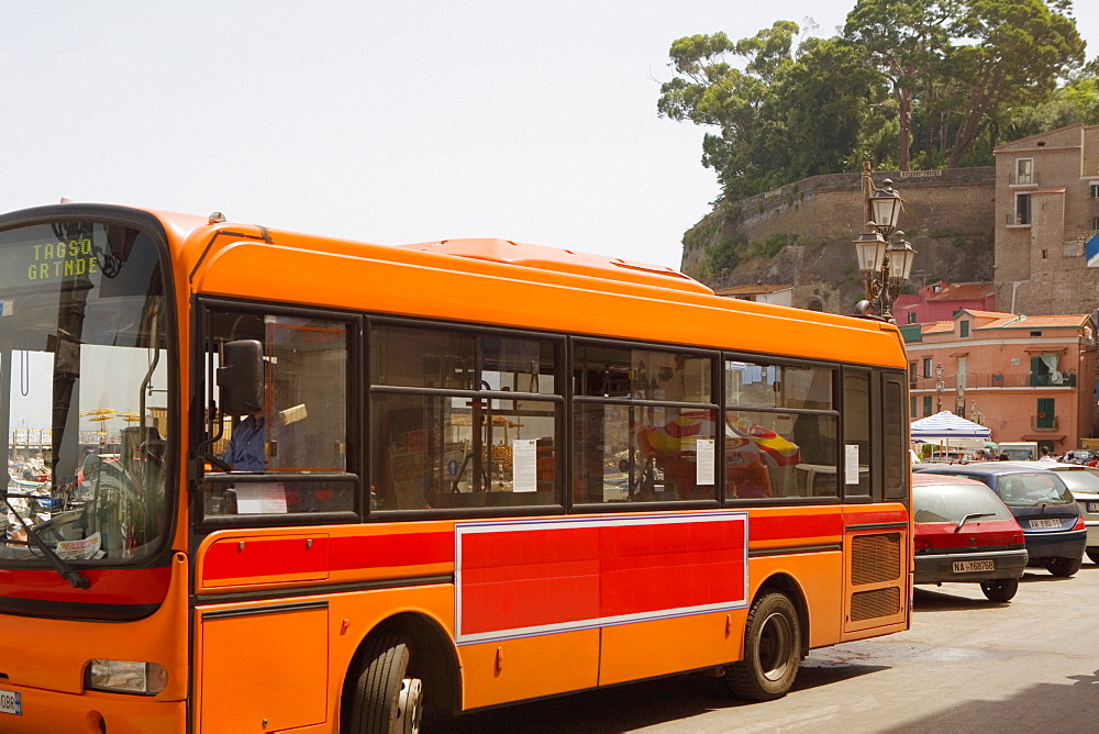 Bus on the road, Marina Grande, Capri, Sorrento, Sorrentine Peninsula, Naples Province, Campania, Italy