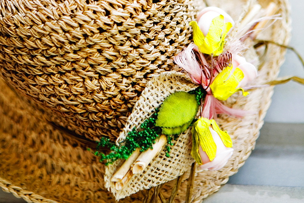 Close-up of a straw hat, Sorrento, Sorrentine Peninsula, Naples Province, Campania, Italy