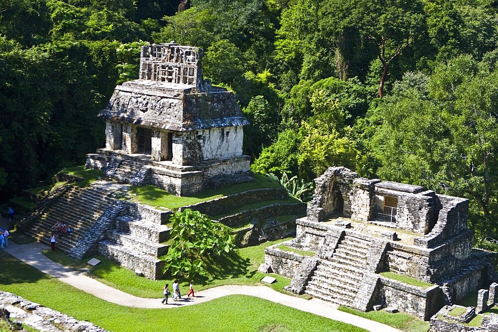 High angle view of tourists at old ruins of a temple, Templo Del Sol, Palenque, Chiapas, Mexico