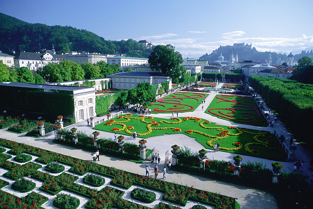 High angle view of a palace surrounded by a garden, Mirabell Palace, Salzburg, Austria