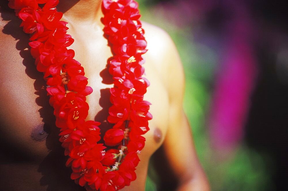 Mid section view of a young man wearing a garland, Hawaii, USA