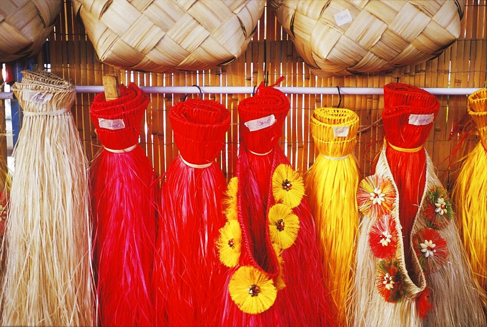 Grass skirt hanging at a market stall, Hawaii, USA