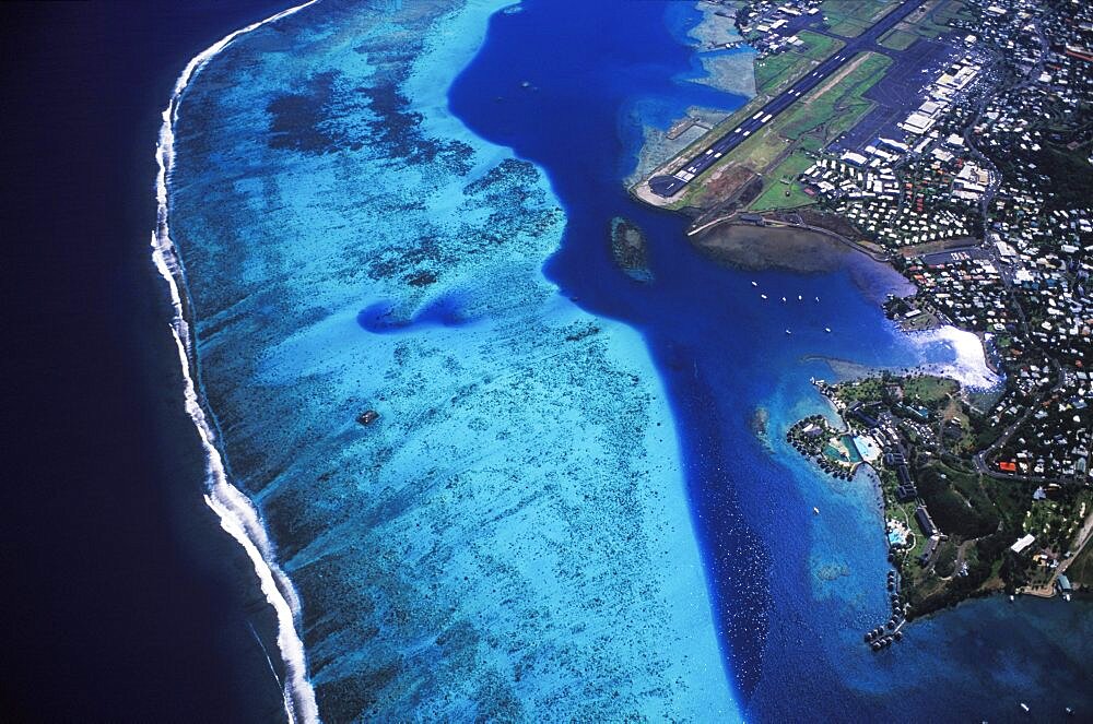 Arial view of a city along the sea, Hawaii, USA