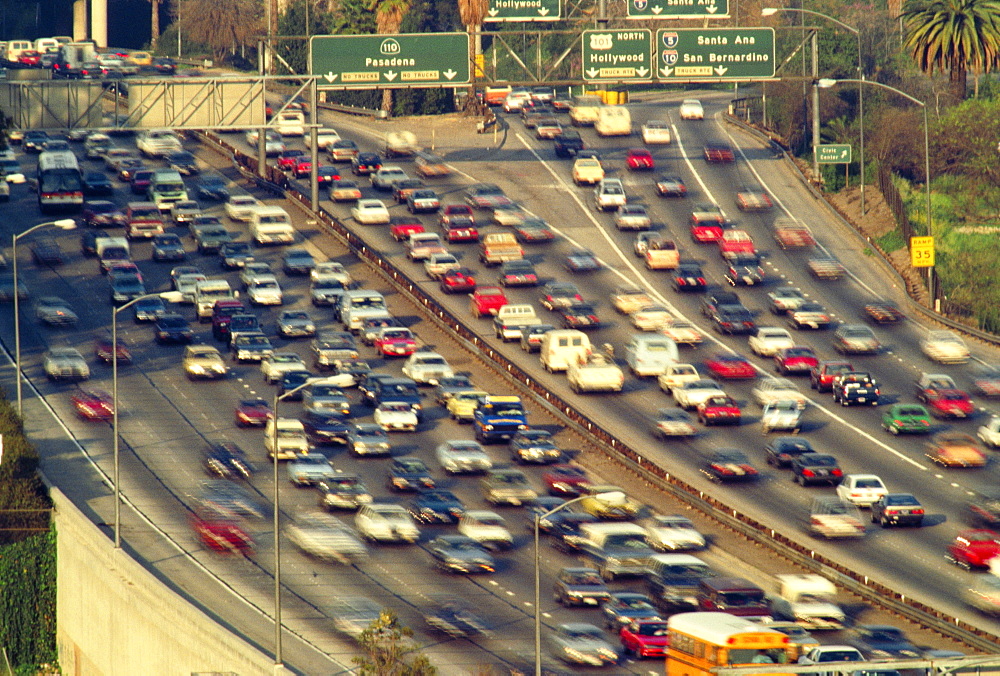 Traffic on Los Angeles freeways with freeway signs