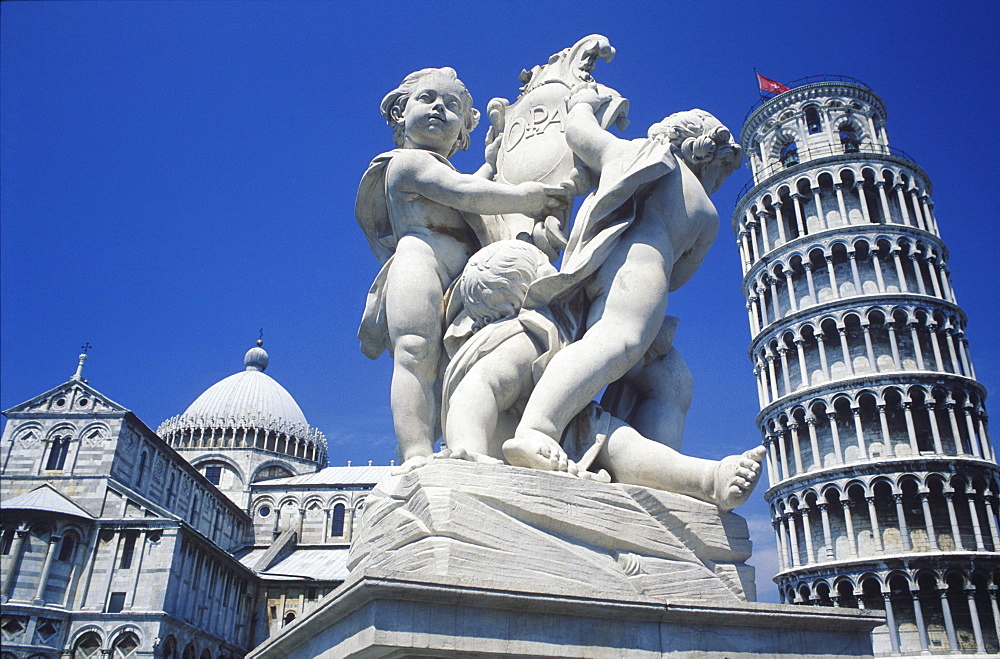 Statue in front of a tower, Leaning Tower of Pisa, Pisa, Italy