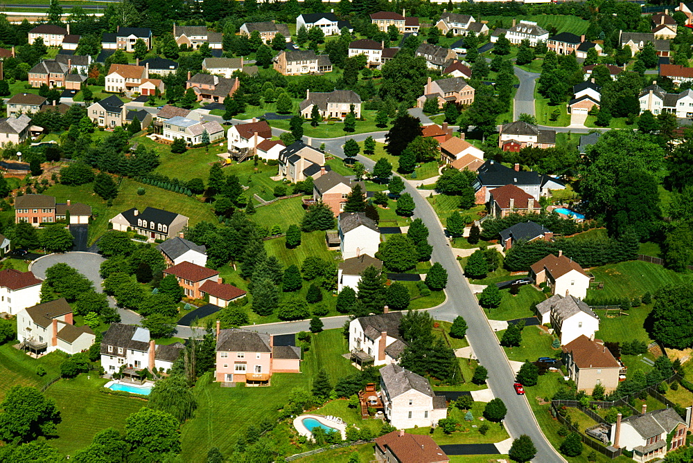 Aerial view of housing subdivision, suburban Washington, DC