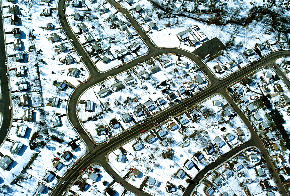 Aerial view of suburban housing in winter, Northern Virginia