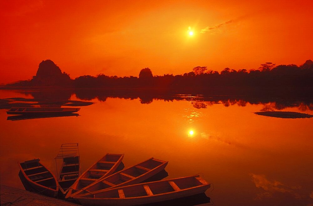 High angle view of five boats in a lake, China