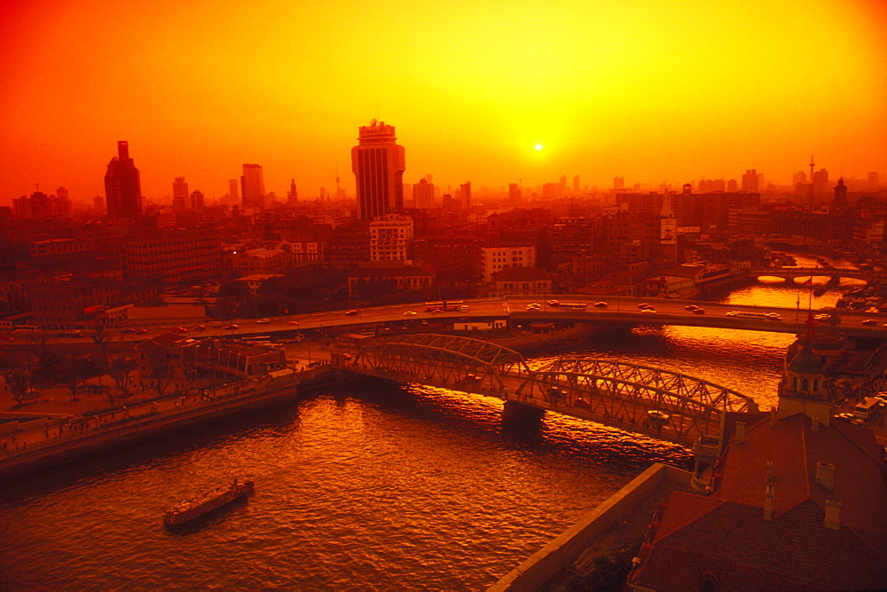High angle view of bridges across a river, Huangpu river, Shanghai, China