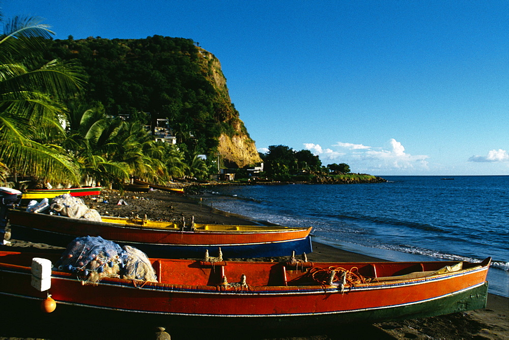 Fishing boats lined up on a seashore, Martinique, Caribbean