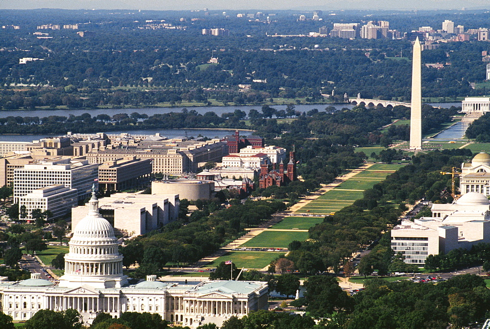 Aerial view of a government building, Capitol Building, Washington Monument, Washington DC, USA