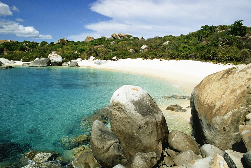 Seashore flanked by rocks, Virgin Gorda, Virgin Islands