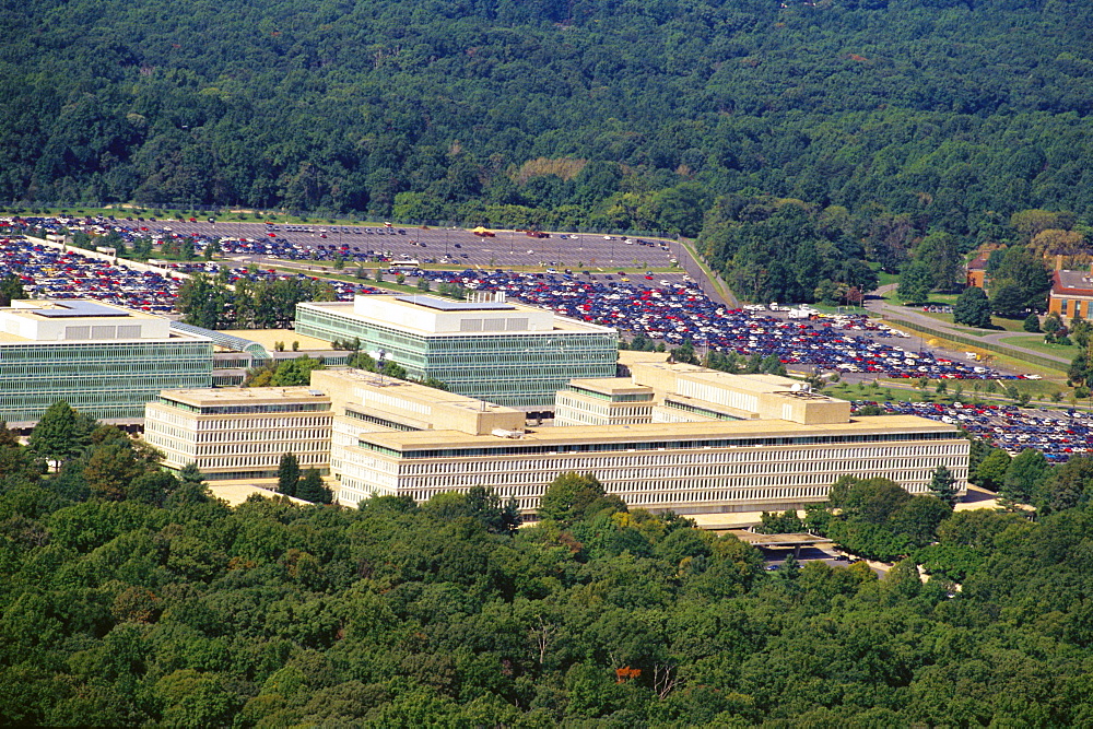 Aerial view of a parking lot beside a government building, CIA headquarters, Virginia, USA