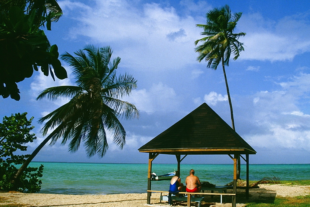 Rear view of two people in a picnic shelter, Pigeon Point, Tobago, Caribbean