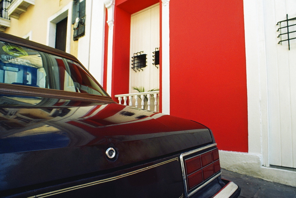 Side view of the trunk of a black car, Old San Juan, Puerto Rico