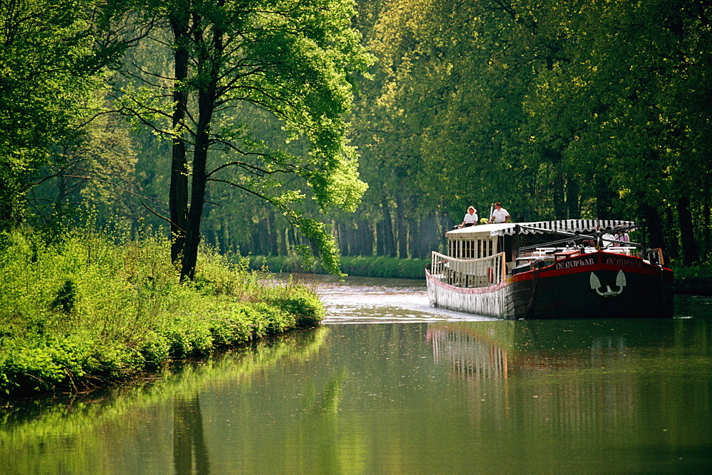 Hotel barge passing through a river with trees on either side, Burgundy River, France