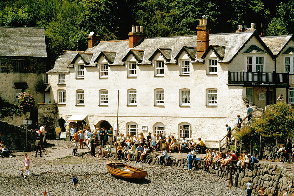 Gathering of people outside Clovelly in England