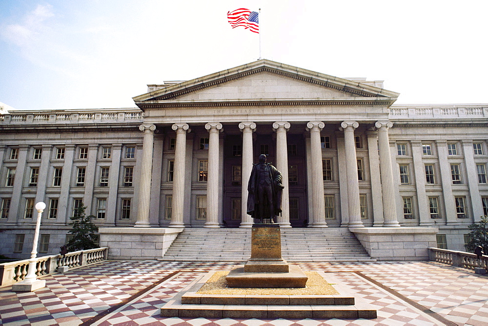 Statue in front of a building, US Treasury Department, Washington DC, USA