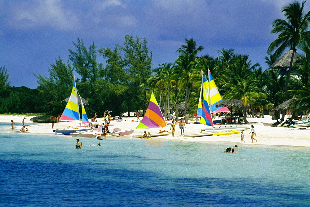 Colorful yachts seen on a seashore, Treasure Island, Abaco, Bahamas