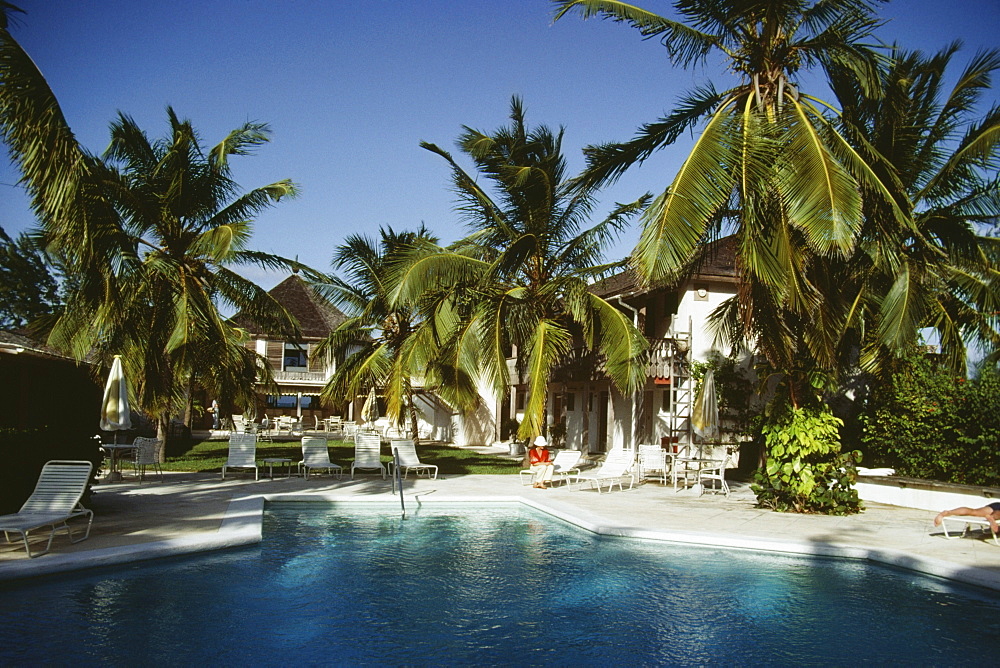 Palm trees beside a clear swimming pool on a sunny day, Eleuthera, Bahamas