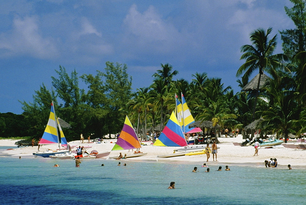 Colorful sails on a beach, Treasure Island, Abaco, Bahamas