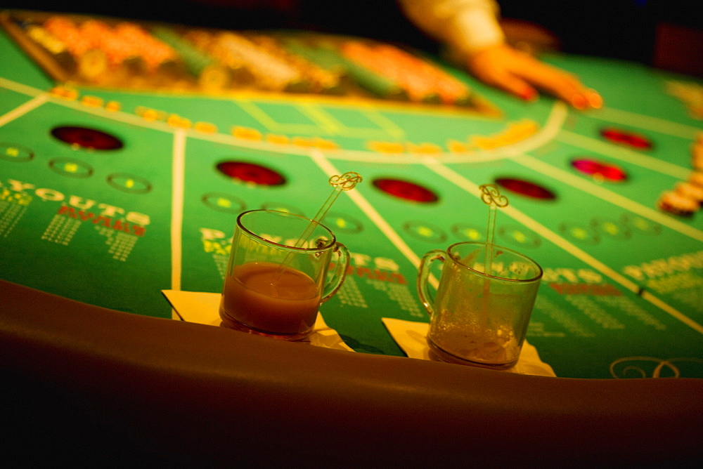 Close-up of a person's hand on a gaming table, Las Vegas, Nevada, USA