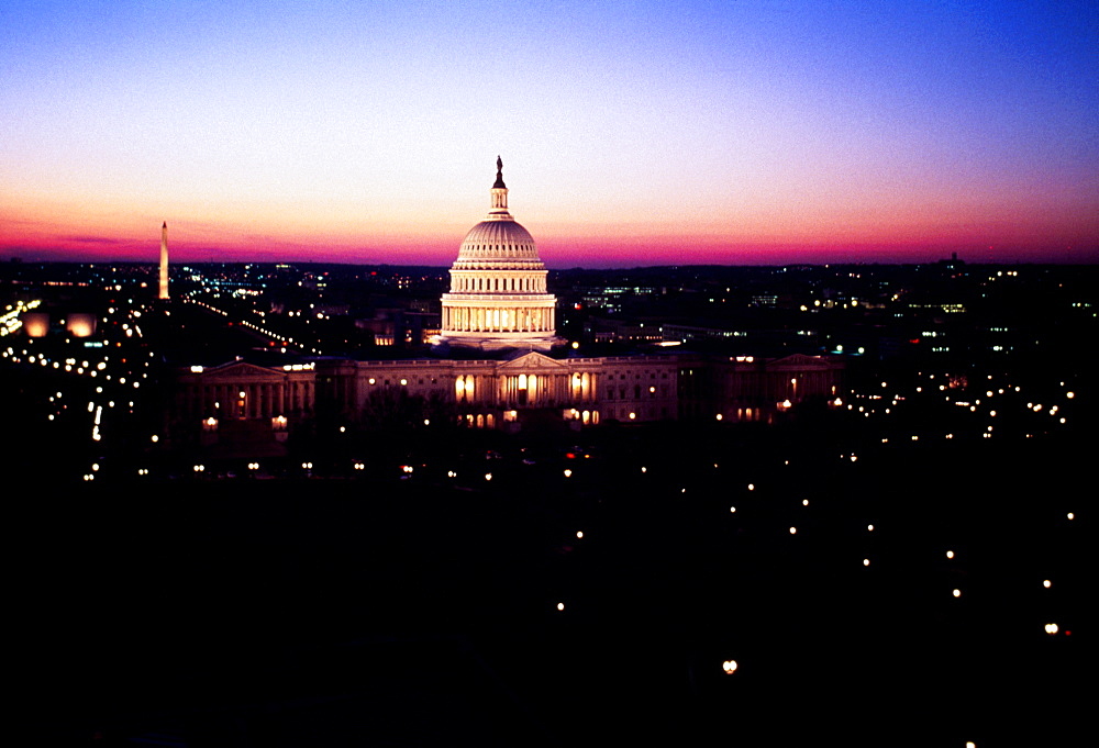 Government building lit up at night, Capitol Building, Washington DC, USA