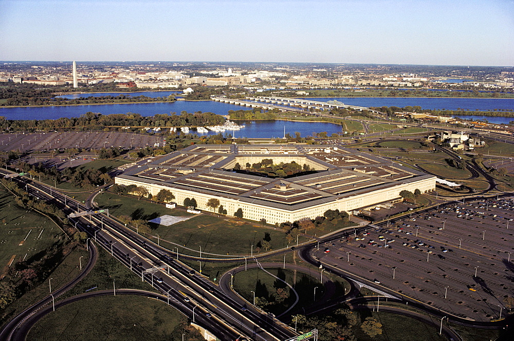 Aerial view of a parking lot beside a military building, The Pentagon, Washington DC, USA