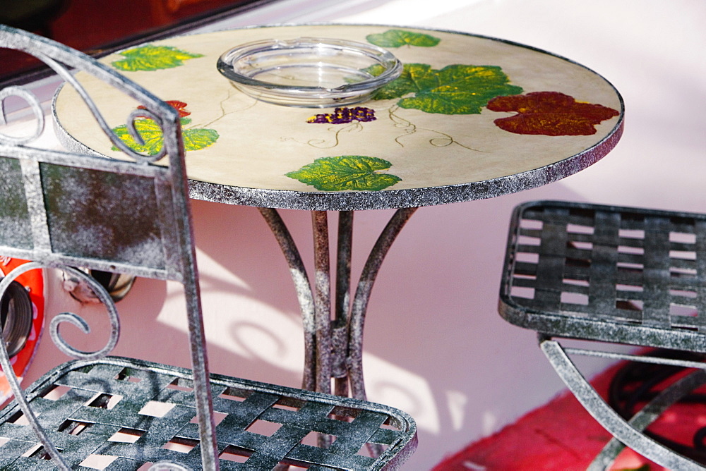 High angle view of empty chairs and a table in a restaurant