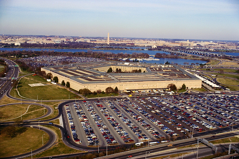 Aerial view of a parking lot beside a military building, The Pentagon, Washington DC, USA