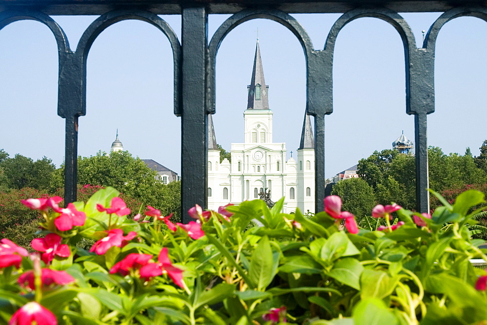 Facade of a cathedral seen through a gate, St. Louis Cathedral, Jackson Square, New Orleans, Louisiana, USA