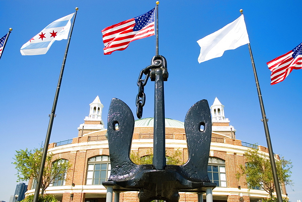 Low angle view of the flags in front of a building, Navy Pier, Chicago, Illinois, USA