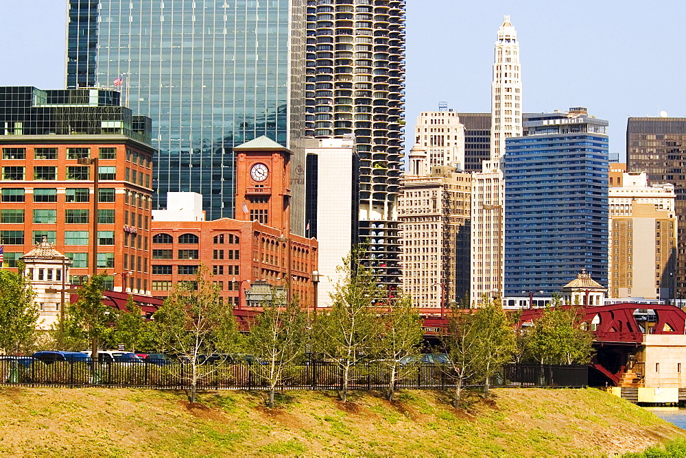 Low angle view of buildings in a city, Chicago, Illinois, USA