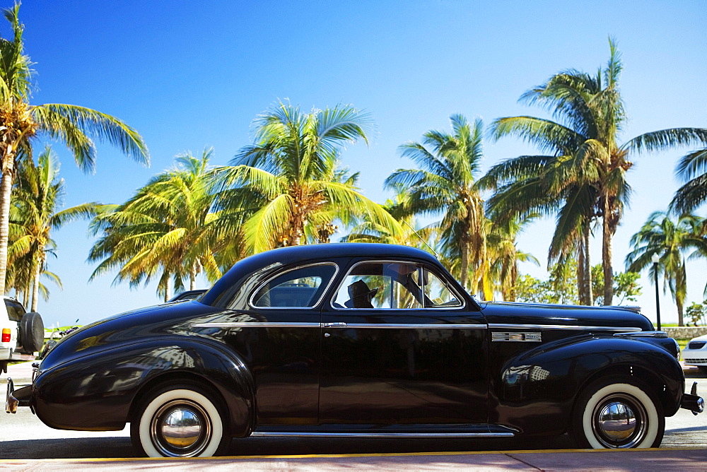 Close-up of a vintage car parked on the roadside, Miami, Florida, USA