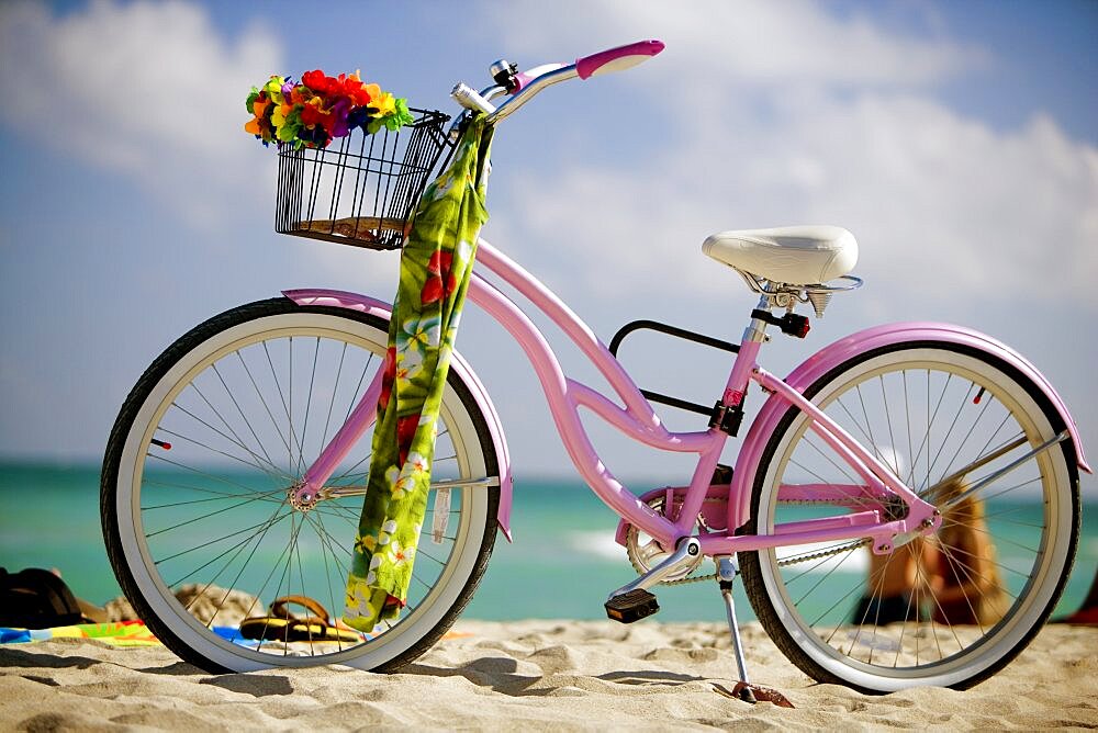 Close-up of a bicycle on the beach, South Beach, Miami, Florida, USA