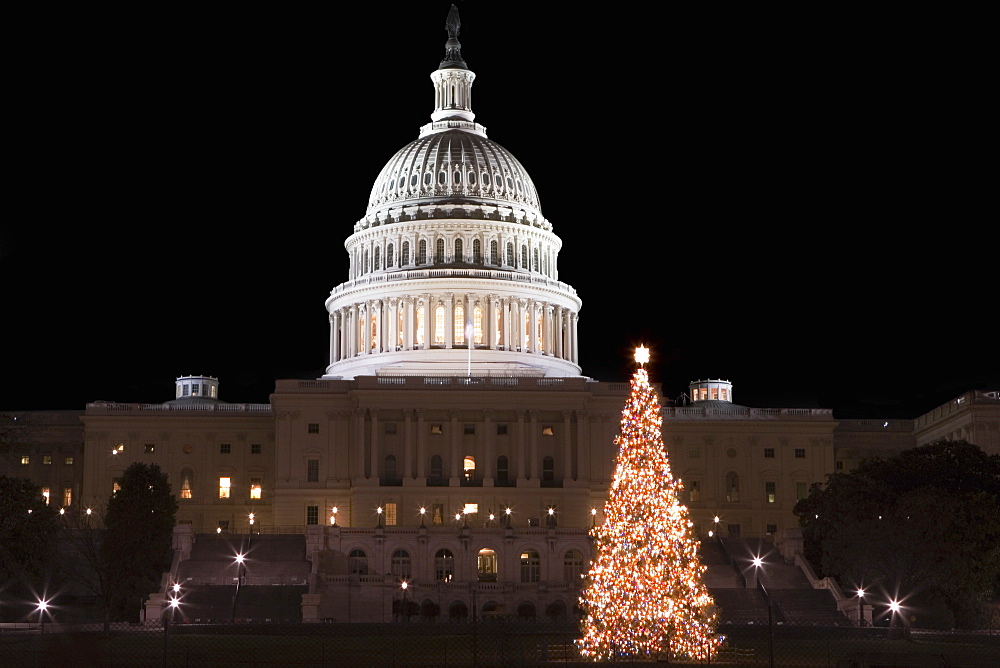 Government building lit up at night, Capitol Building, Washington DC, USA