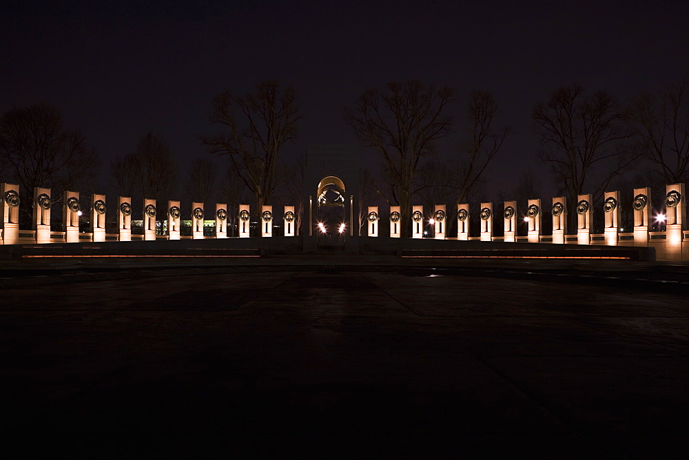 Memorial lit up at night, World War II, Washington DC, USA