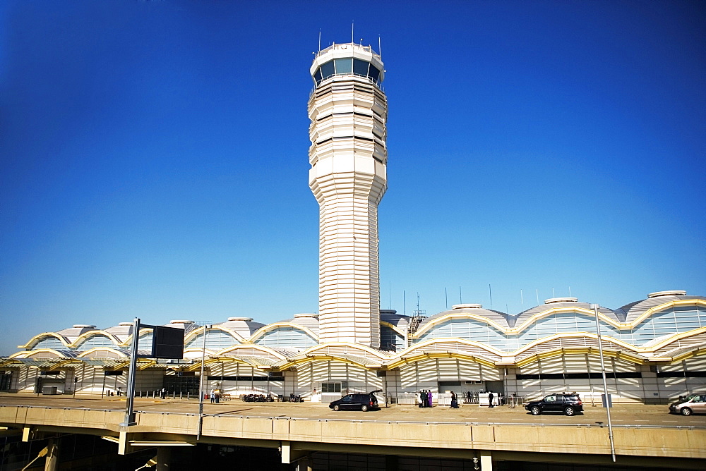 High angle view of the control tower and departures terminal at the Ronald Reagan Washington National Airport, Washington DC, USA