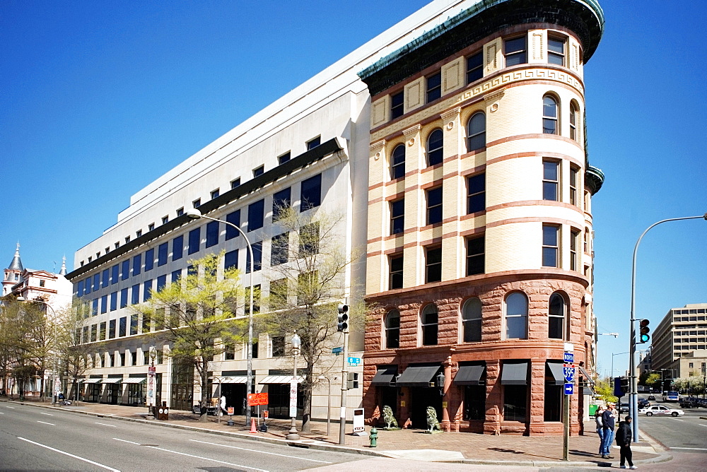 Low angle view of buildings on the roadside, Romanesque, Downtown, Washington DC, USA