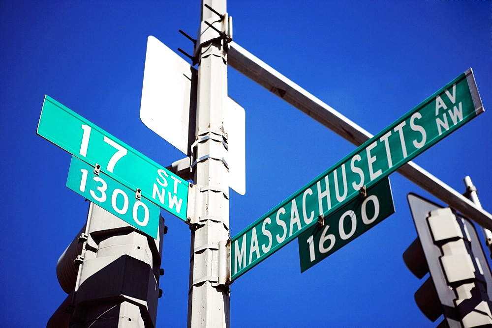 Low angle view of a signboard, Washington DC, USA