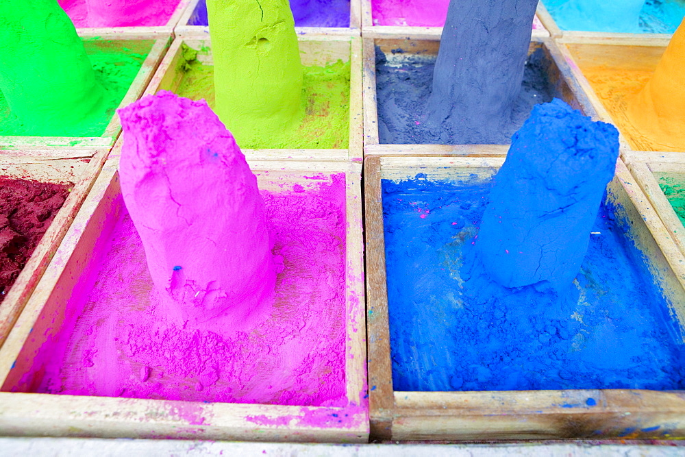 Close-up of mounds of colored powder used for Hindu rituals, Pushkar, Rajasthan, India