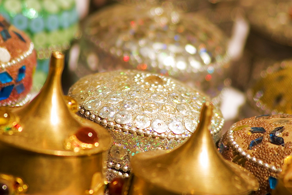 Close-up of decorative metal boxes, Jaisalmer, Rajasthan, India