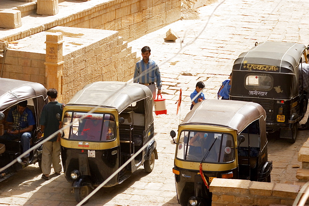 High angle view of rickshaws on the street, Jaisalmer, Rajasthan, India