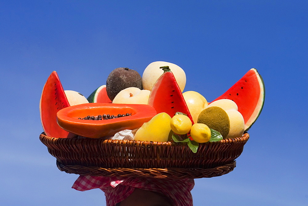 Close-up of assorted fruits in a wicker basket